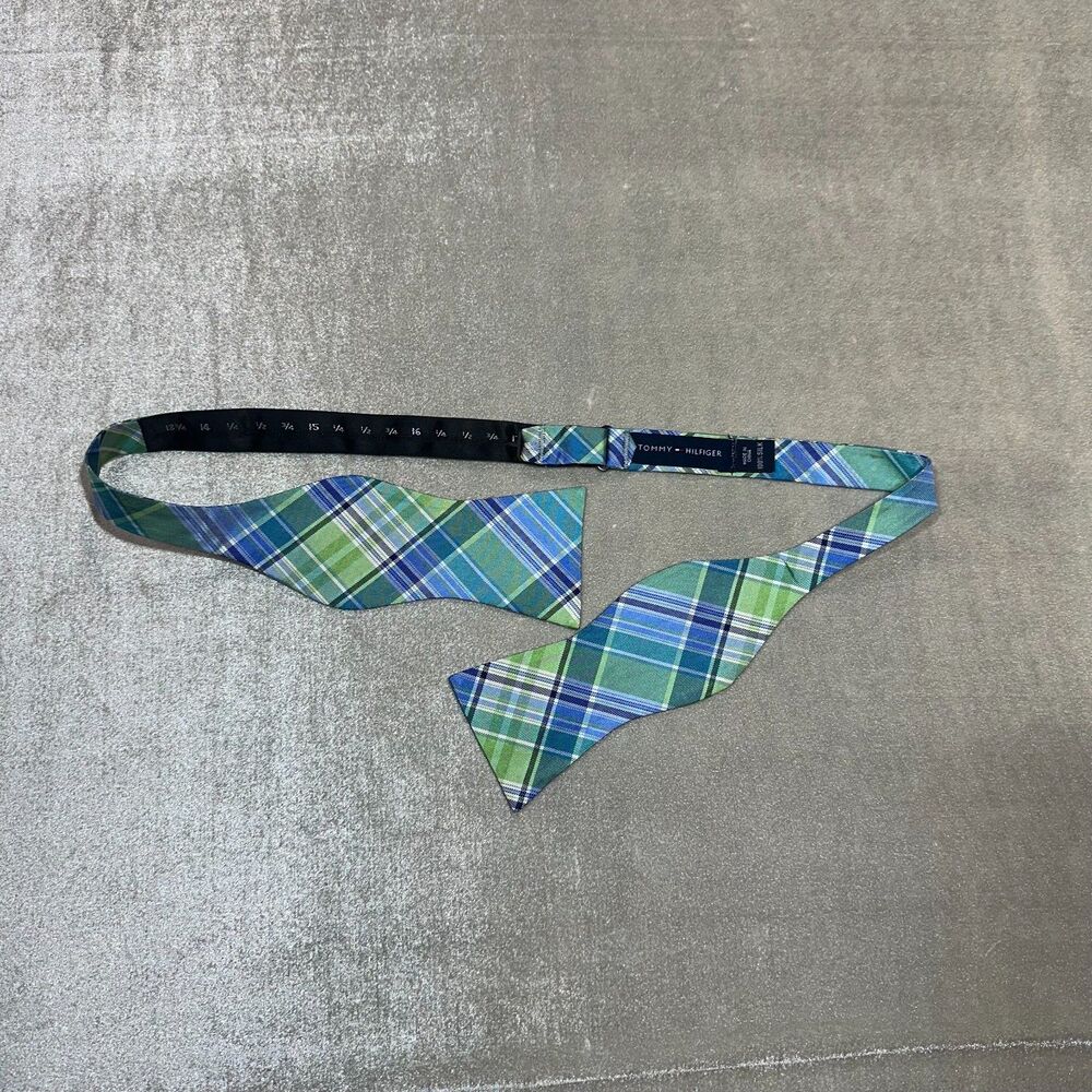 Tommy Hilfiger Self Tie Bow Tie Blue Green Plaid Adjustable Formal Preppy
